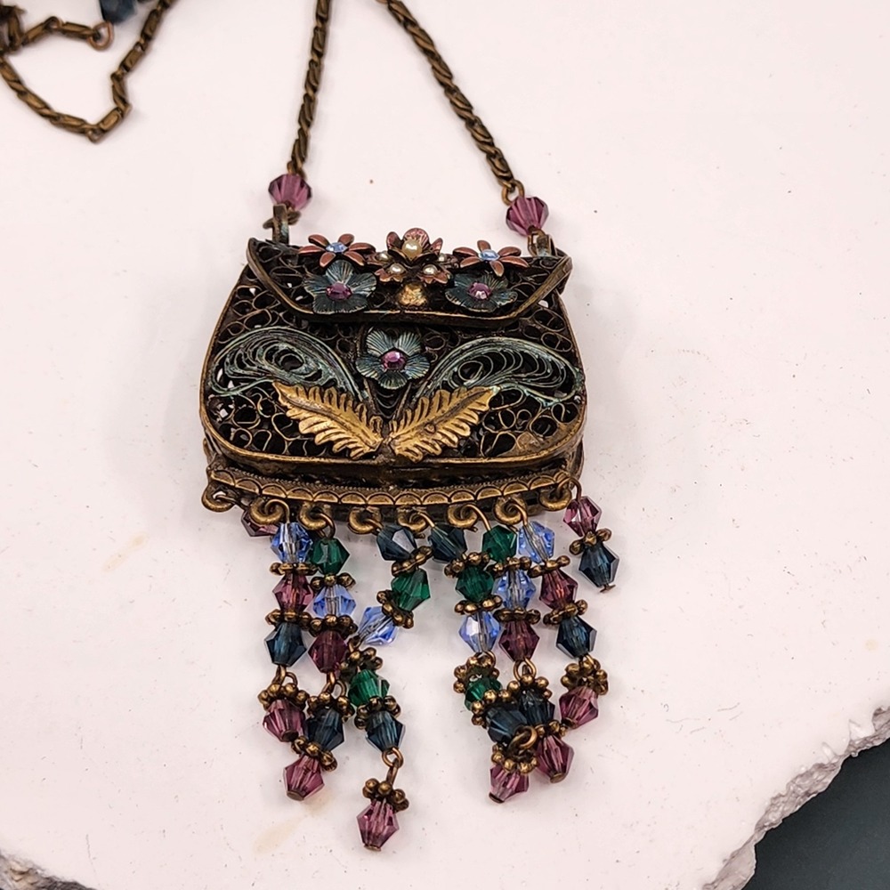 Sweet Romance USA Floral Purse Pendant Necklace Crystal Bead Fringe Victorian